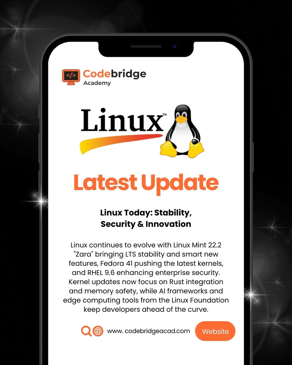 CodeBridgeAca's tweet image. From desktops to enterprise servers, Linux continues to evolve. 🚀 
Stability. Security. Innovation. That’s Linux today — and tomorrow.
#Linux #OpenSource #LinuxMint #Fedora #Codebridge