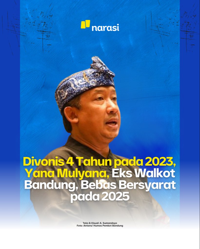 NarasiNewsroom's tweet photo. Mantan Wali Kota Bandung, Yana Mulyana, bebas dari penjara. Ia keluar dari Lapas Sukamiskin lewat program pembebasan bersyarat setelah sebelumnya mendekam di penjara karena kasus korupsi proyek Bandung Smart City.

Kabar bebasnya Yana pertama kali terungkap dari unggahan Instagram Kepala Pelaksana BPBD Kota Bandung, Didi Ruswandi. Dalam video bertajuk “reuni mantan camat”, Yana terlihat ikut nongkrong bareng dan berfoto bersama.

“Saya sebagai ‘Mantan Camat Wetland’ dan Mantan Camat Kanhay hadir juga dong,” tulis Didi dalam video yang ia unggah seperti dikutip Narasi. 

Humas Lapas Sukamiskin, Yaman Nuryaman, membenarkan kabar tersebut. Katanya, Yana resmi menjalani program bebas bersyarat sejak 13 Juni 2025 dan wajib lapor ke Bapas Bandung. 

Yana terseret kasus suap proyek Bandung Smart City pada April 2023 lewat OTT KPK. Saat itu ia ditangkap bareng mantan Kadishub Bandung Dadang Darmawan, Khairur Rijal, plus tiga orang dari pihak swasta.

Majelis hakim Pengadilan Tindak Pidana Korupsi pada Pengadilan Negeri Bandung, memvonisnya 4 tahun penjara pada, 13 Desember 2023.
