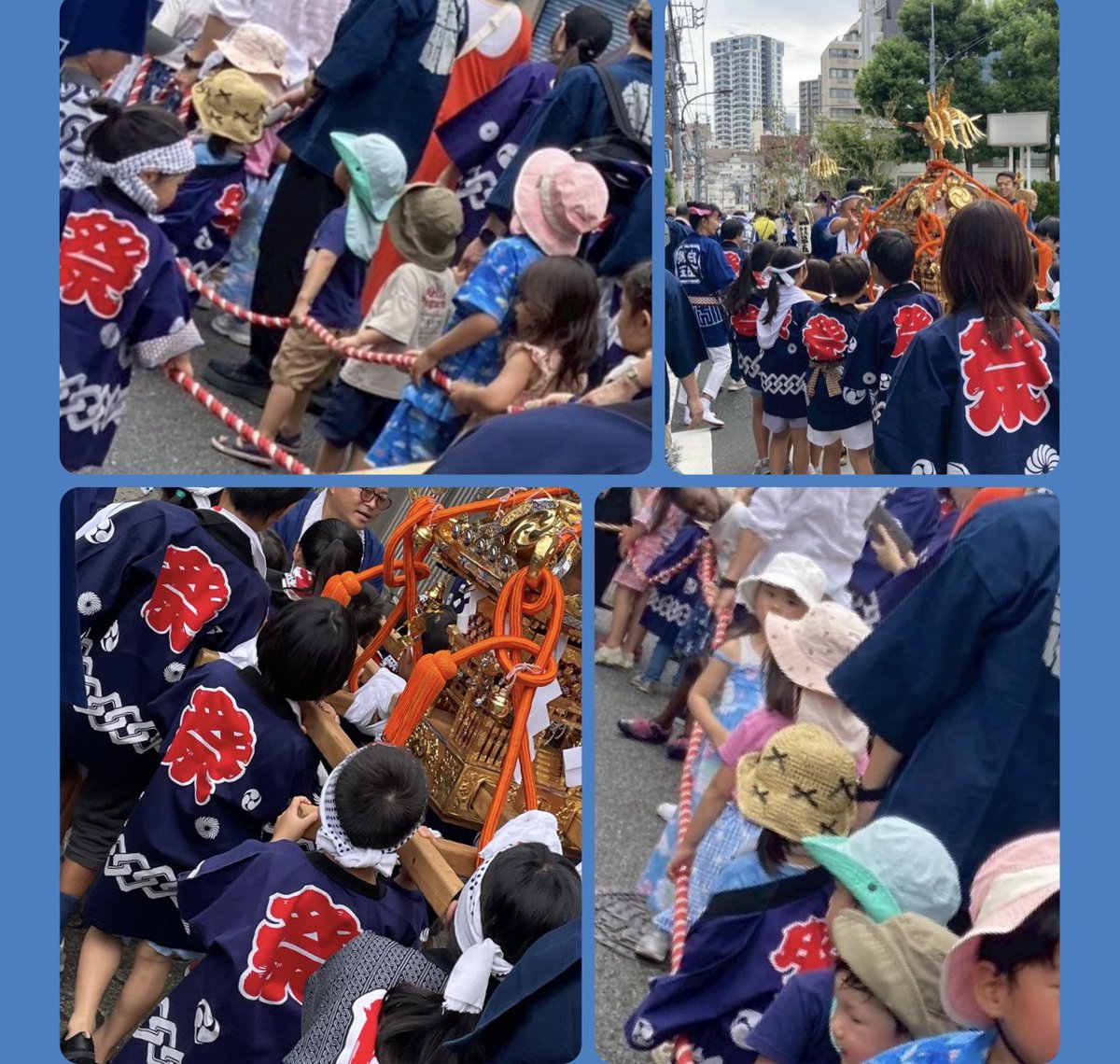 yasuosaeki's tweet photo. 拍子木と和太鼓の音とともにワッショイ‼️ワッショイ‼️」子どもたちの元気な掛け声が町中に響き渡りました。途中の木陰の休憩所で冷たいお水と麦茶を飲み涼みながらひと休み。太鼓を叩いたりお神輿をバックに記念撮影など思い思いに過ごしました。#祭りイベント #佐伯康雄 #白金三光第五町会 
#氷川神社 https://t.co/wpuXyzqDKx