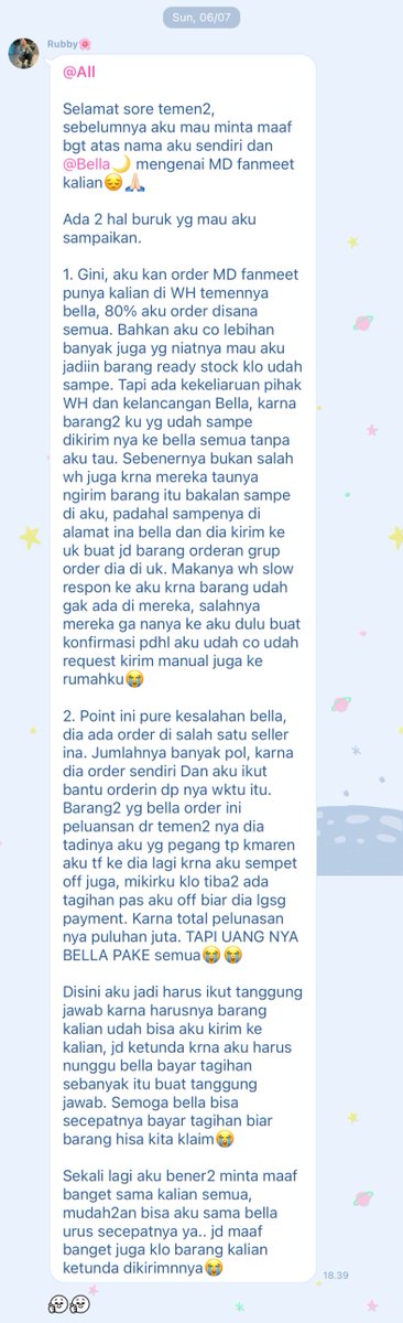 ninoononie_'s tweet photo. — 🪡 kronologi 
(#1)
berawal dari roje tbtb ksh info di grup kalo ad masalah soal pengiriman barang dari WH. Nah TERUS, uang DP yg harusnya dipake buat claim barang dr WH itu malah dipake sm si anjing” ini. alhasil katanya @rubyrojey gbsa claim barang yg ada dr seller INA :) https://t.co/HbsjmFWcVO