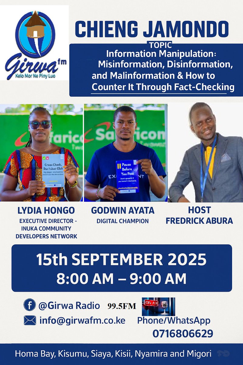Tune in at 8am this morning and listen in on our discussion on information manipulation and how to counter it through fact checking.
<a href="/siasaplace/">Siasa Place</a>
<a href="/lydia_hongo/">Amb. Atieno Hongo</a>
<a href="/GodwinAyata/">AYATA GODWIN</a>
#TrustLab #factfirstverifyandamplify