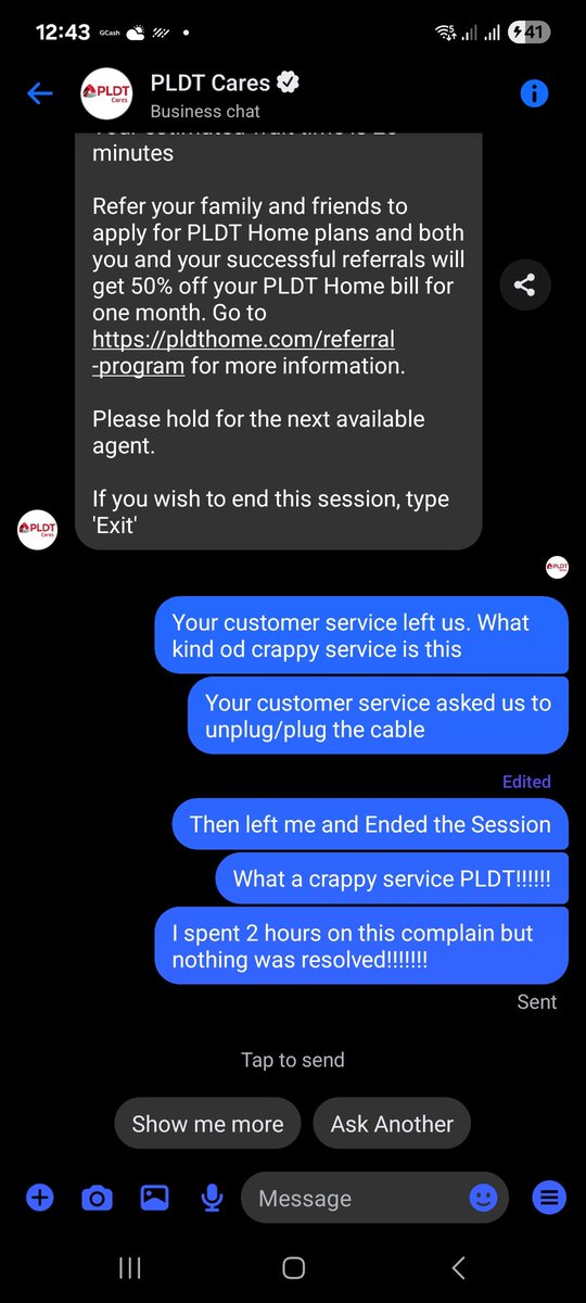 charmandeerer's tweet photo. @PLDT_Cares what a crappy customer service you have!!!! Spent 2 hours but your Customer Service Agent, Hannah, ended the session while asking me to plug unplug to trouble shoot. Nothing was resolved!!!! https://t.co/12gFabl7wR
