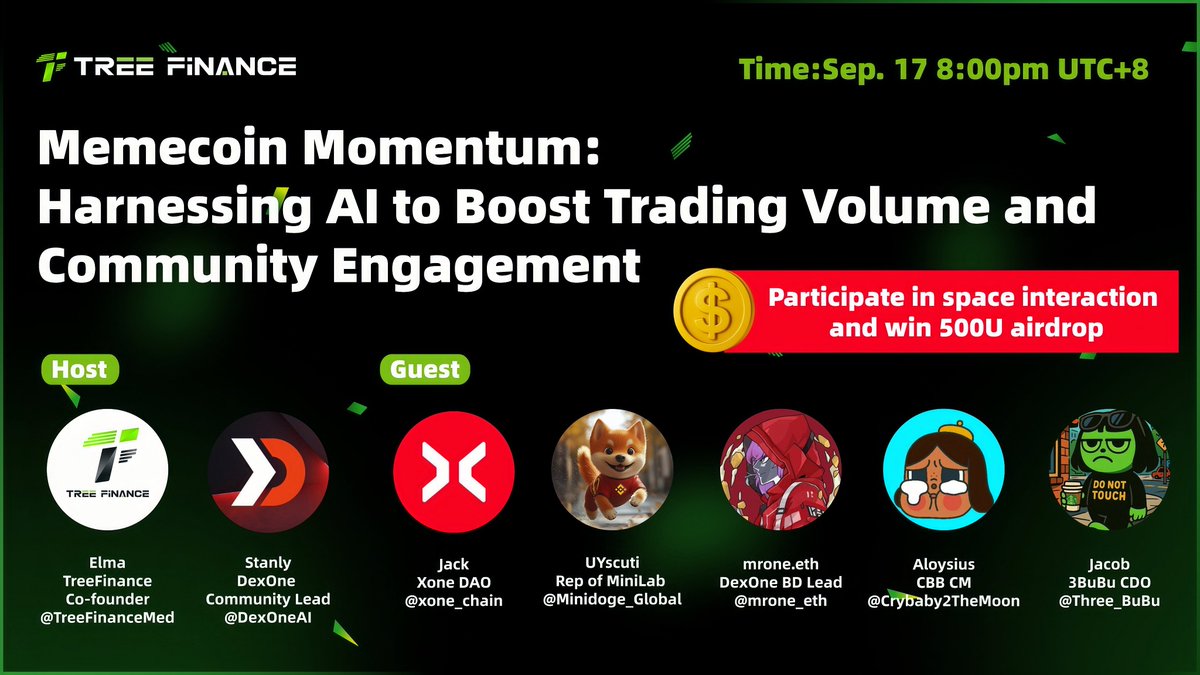 TreefinanceMed's tweet photo. #TreeFinance AMA Preview

Theme：Memecoin Momentum: Harnessing AI to Boost Trading Volume and Community Engagement

Time: September 17 8:00pm UTC+8 

Host：
Elma(TreeFinance co-founder) @TreeFinanceMed 
Stanly(DexOne Community Lead) @DexOneAI

Guest：
Jack(Xone DAO) @xone_chain
UY(Rep of MiniLab) @Minidoge_Global
Mr One(DexOne BD Lead)  @mrone_eth
Aloysius(CBB CM) @Crybaby2TheMoon
Jacob(3BuBu CDO) @Three_BuBu

Book a space:https://t.co/vD1yGJwvMy

🎉Airdrop Redemption Rules:

Event 1: 200U Airdrop Rewards🎁
1. Follow @xone_chain + @Minidoge_Global + @DexOneAI + @Crybaby2TheMoon + @Three_BuBu

2. Join the official community:
Xone: https://t.co/xSAUXu5t5j
MiniDoge: https://t.co/EDyK9fRa7m
DexOne: https://t.co/Iu9wR5GKNe
CBB: https://t.co/YEbKsnPEOk
3BuBu: https://t.co/HKNG7yPmxQ

3. Retweet the event post on Space and @ 3 friends.

✅After 72 hours, Grok will randomly select 20 users to receive a DexOne red envelope. Users will receive a red envelope code after the event ends.

⚠️Users should download the DexOne app and complete the registration process to receive the red envelope.

Event 2: 200U Airdrop🎁
During the Space event, DexOne will distribute 20 red envelopes (10U) to online participants on a first-come, first-served basis while supplies last.
The red envelope code will be read to online users by the host on Space. Only users who tune in live and meet the participation requirements can claim it.

Event 3: 100U Airdrop🎁
Free Q&A Session:
Limited to 10 users who raise their hands to speak, each will receive a 10U red envelope. Official staff will send the red envelope code to the speaker after the event.

⚠️For all three events, users must claim the red envelopes within 24 hours of distribution through the DexOne app. Unclaimed red envelopes will be forfeited.
