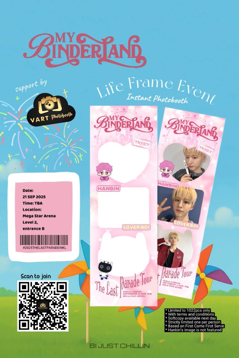 Welcome Hanbin + ID attend 🇲🇾
With V’ART, enjoy Life Frame 📸 @ The Last Parade!

✨ Free instant photo (1,022 only)
✨ Print onsite
✨ Redeem after ❤️ mission (scan QR to join Like &amp; Share V’ART FB )

📍 10.30am–12.30pm 
⚠️ Line properly, avoid crowding 

#2025THELASTPARADEINKL