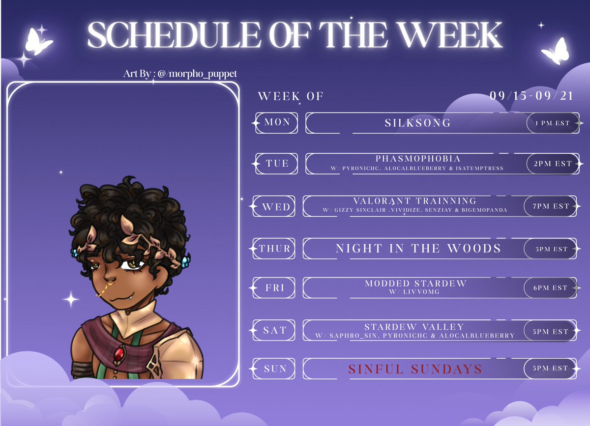 " Adventures With Mizo Are Better With You "
This Week's Lineup ~

- Phasmophobia w/ Pookies
- Overwatch Training w/ Pookies 
- GAE LAND FARMS !
- Modded Stardew w/ @/livvomg
SINFUL SUNDAYS !!!!!😈
see you in my sky ☁✨