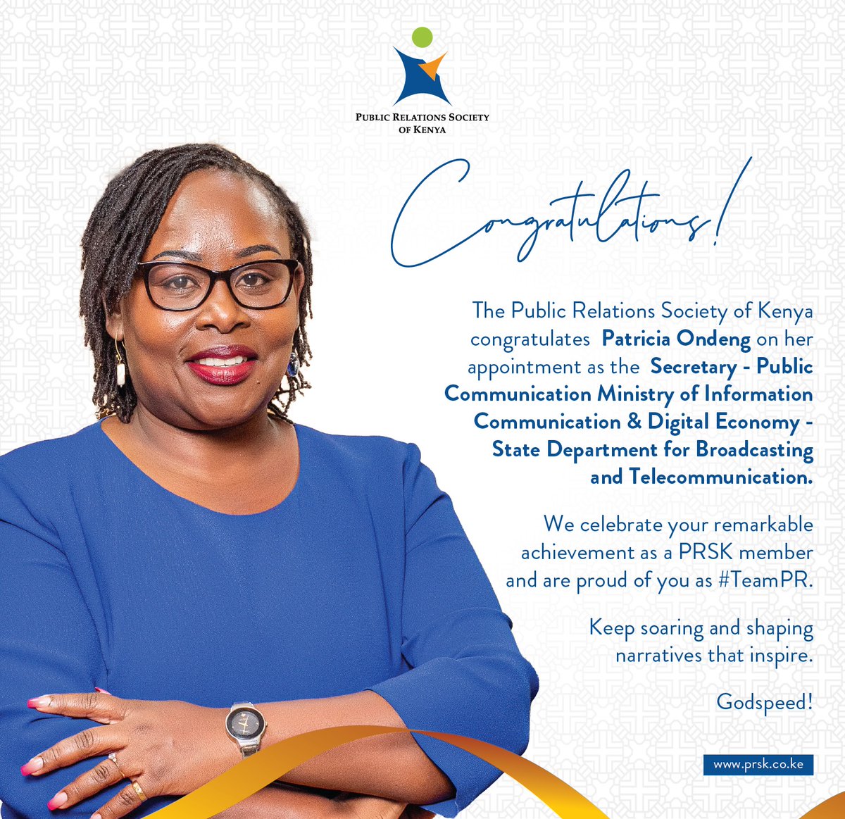 Join us in congratulating our colleague <a href="/PatriciaOndeng/">Patricia Ondeng</a> on her appointment as the Secretary - Public communication <a href="/MoICTKenya/">Ministry of Info, Comms & The Digital Economy KE</a> - State Department for Broadcasting and Telecommunication.

#TeamPR celebrates you.