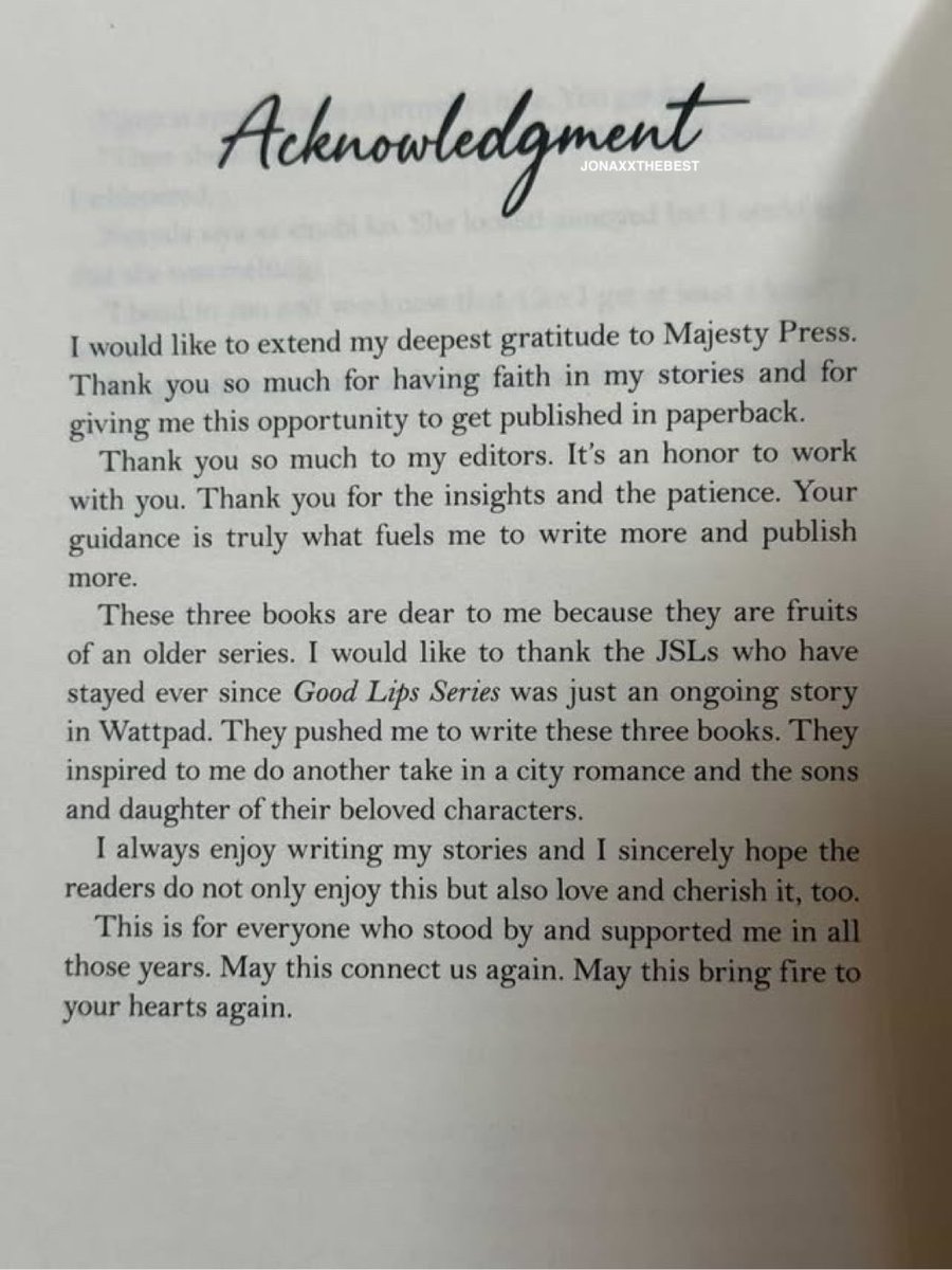 Jonaxxthebest's tweet photo. “I would like to thank the JSLs who have stayed ever since Good Lips Series was just an ongoing story in Wattpad. They pushed me to write these three books. They inspired to me do another take in a city romance and the sons and daughter of their beloved characters.” - Jonaxx, DFS https://t.co/K3ej6MO3I2