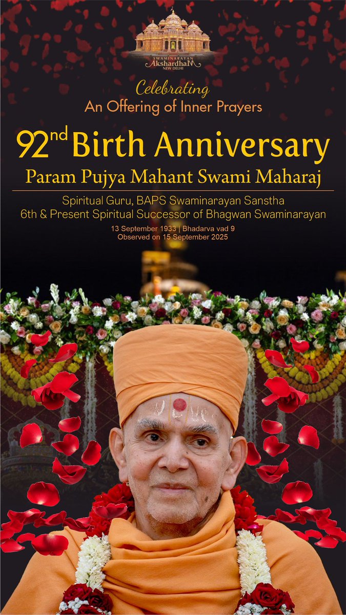 🌸🙏 Today, on Bhādarva vad 9, we celebrate the 92nd birthday of HH Mahant Swami Maharaj (born 13 Sept 1933)

✨ An embodiment of saintliness, humility &amp; devotion, inspiring harmony &amp; upliftment worldwide. 💫

#MahantSwamiMaharaj #Akshardham 
#BAPS #Swaminarayan