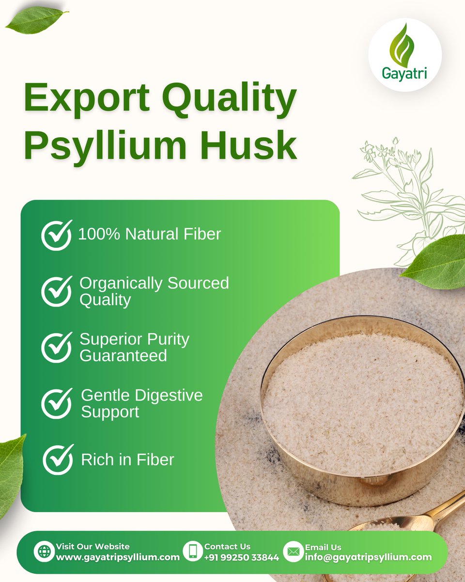 gayatripsyllium's tweet photo. ✨Experience Nature’s Purest Fiber!

Boost your #wellness with 100% Natural, #ExportQuality #PsylliumHusk.

🔗https://t.co/0HEp9Lv5tm

#GayatriPsyllium #PsylliumProducts #PsylliumSeeds #PsylliumHuskPowder #PsylliumLife #PsylliumFiber #Isabgol #EagleSatIsabgol https://t.co/BFjVnKDkyy
