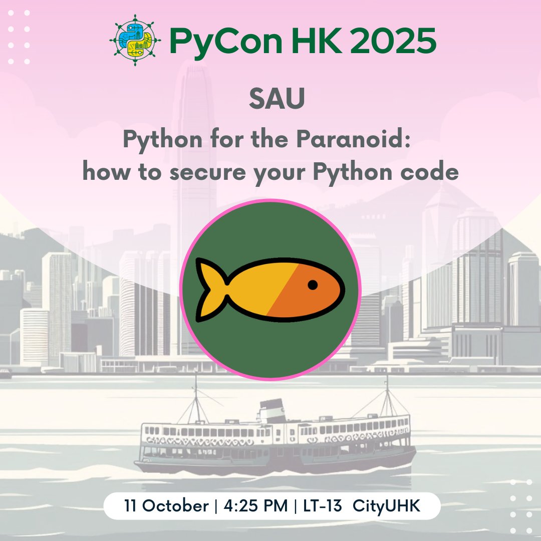 pyconhk's tweet image. Is your Python code secure? 🤔 Banish the paranoia in Sau's beginner-friendly talk! Learn to spot vulnerabilities & use practical tools to safeguard your projects. 🛡️
🗓️ 11 Oct, 4:25pm
📍 LT-13 CityU HK
Register now: pyconhk2025.eventbrite.com
#PyConHK2025 #Python #PythonSecurity
