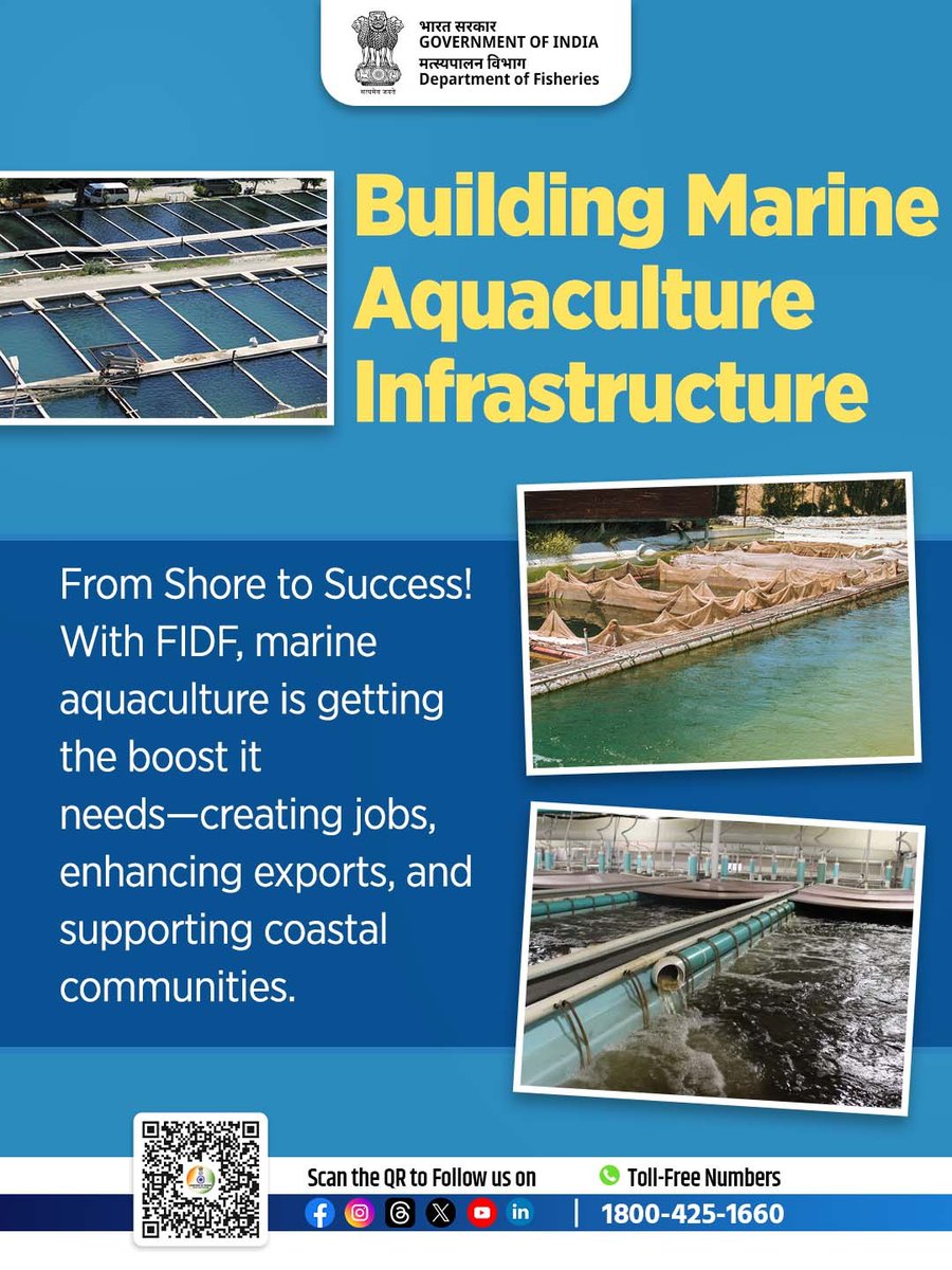FisheriesGoI's tweet photo. From Shore to Success!
With FIDF support, marine aquaculture is boosting exports and empowering coastal communities. 

#MarineAquaculture #FIDF #BlueEconomy #FisheriesIndia #PMMSY https://t.co/HtIgRWKPov