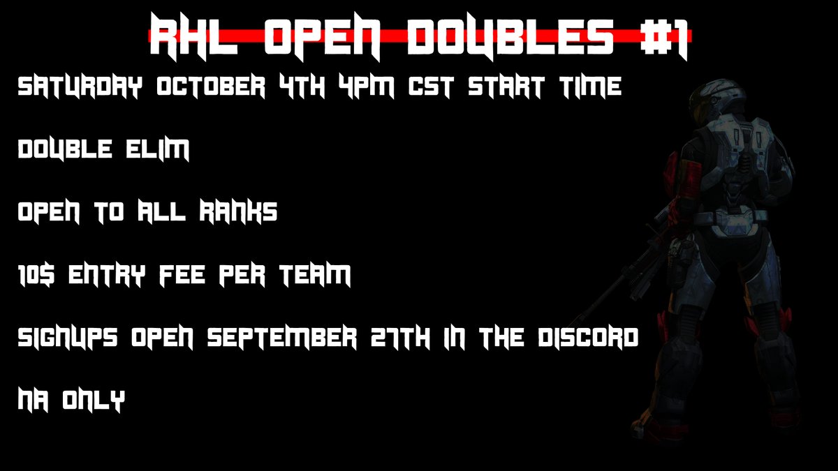 WE ARE BACK!!!

Introducing the RHL Open Doubles #1 

Signups will open September 27th in our discord invite down below!! 

discord.gg/fm95HdAtJu