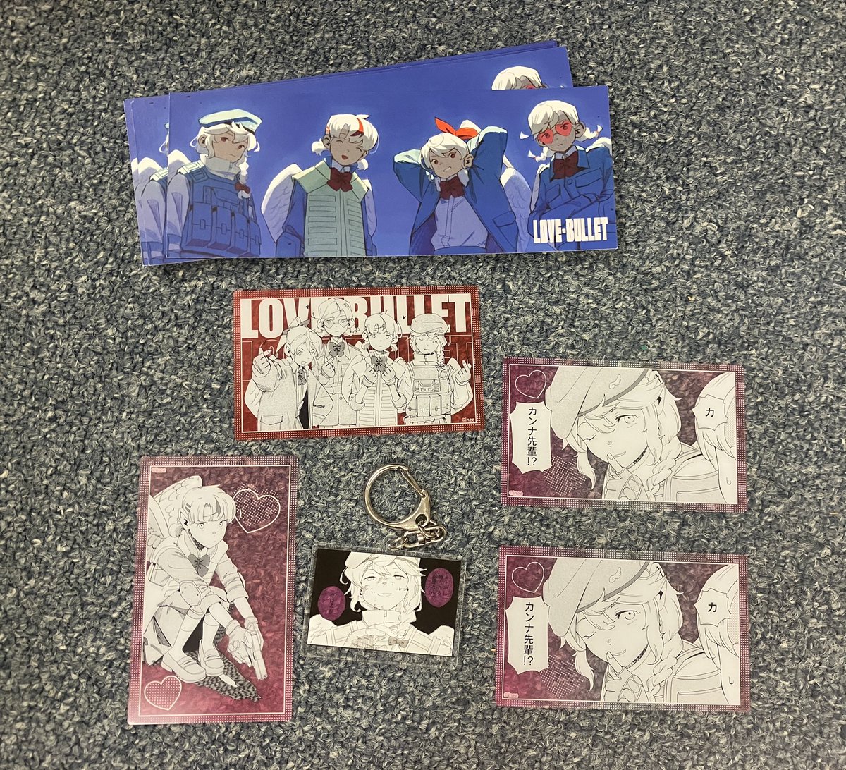 JeyaltPuff's tweet photo. BUY OR TRADE  extra love bullet merch pls like Venmo me $7-$10 or smth or trade (omg I need the yellow Ena clear card desperately and that rebar death keychain like I'll pay for those)
#LOVEBULLET #ラブ・バレット https://t.co/USzuUfTMB9