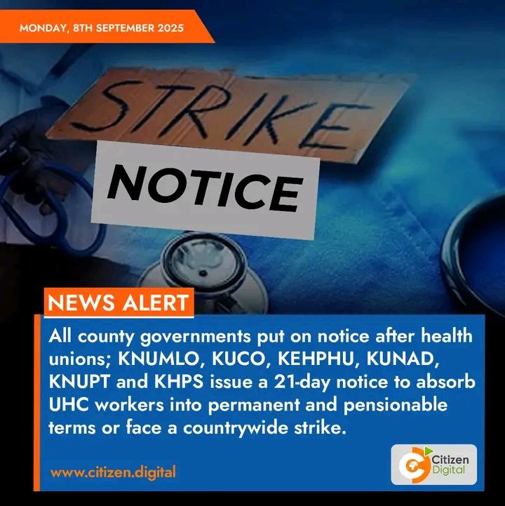 STRIKE NOTICE! 

Effective 30th September, 0000Hrs.
We shall be closing the mentioned Departments across the country. 

1.PNP For UHC Staff
2.Promotions/Redesignition.
3.Implementation of career guidelines. 

<a href="/HonAdenDuale/">Hon. Aden Duale, EGH</a> 
<a href="/fnoluga/">Dr. Ouma Oluga, OGW</a> 
<a href="/NyikalDr/">Dr. Nyikal</a> 
<a href="/SamuelAtandi/">Hon Sam Atandi</a> 
<a href="/KenyaGovernors/">Council of Governors</a>