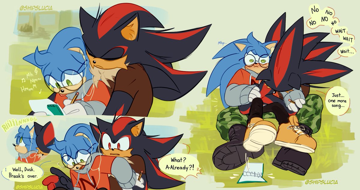 ShipsLucia's tweet image. Just Dusk starting to have certain comfort with Nicky😊 #Sonadow #Shadonic ...#Duscky ?...#Nicusk ?...

[RIIIIIINNNNGGG]
👓 Bueno, Dusk. Terminó el receso.
💪¿Qué? ¿¡T-tan pronto?! NO No no no no, espera espera espera...Solo...una canción más...