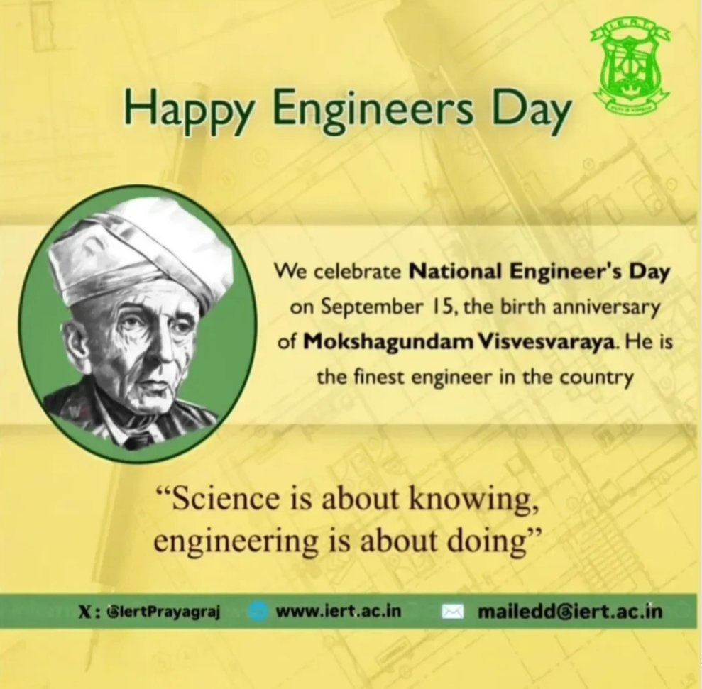 IertPrayagraj's tweet photo. 🛠️✨ Engineers’ Day 2025 ✨🛠️

Honoring Bharat Ratna Sir M. Visvesvaraya, the visionary who shaped modern India.

As a premier institute, IERT salutes the engineers &amp; inspires future innovators to build with purpose and serve society with excellence.

#EngineersDay2025 #IERT https://t.co/mr1tm8T3TO