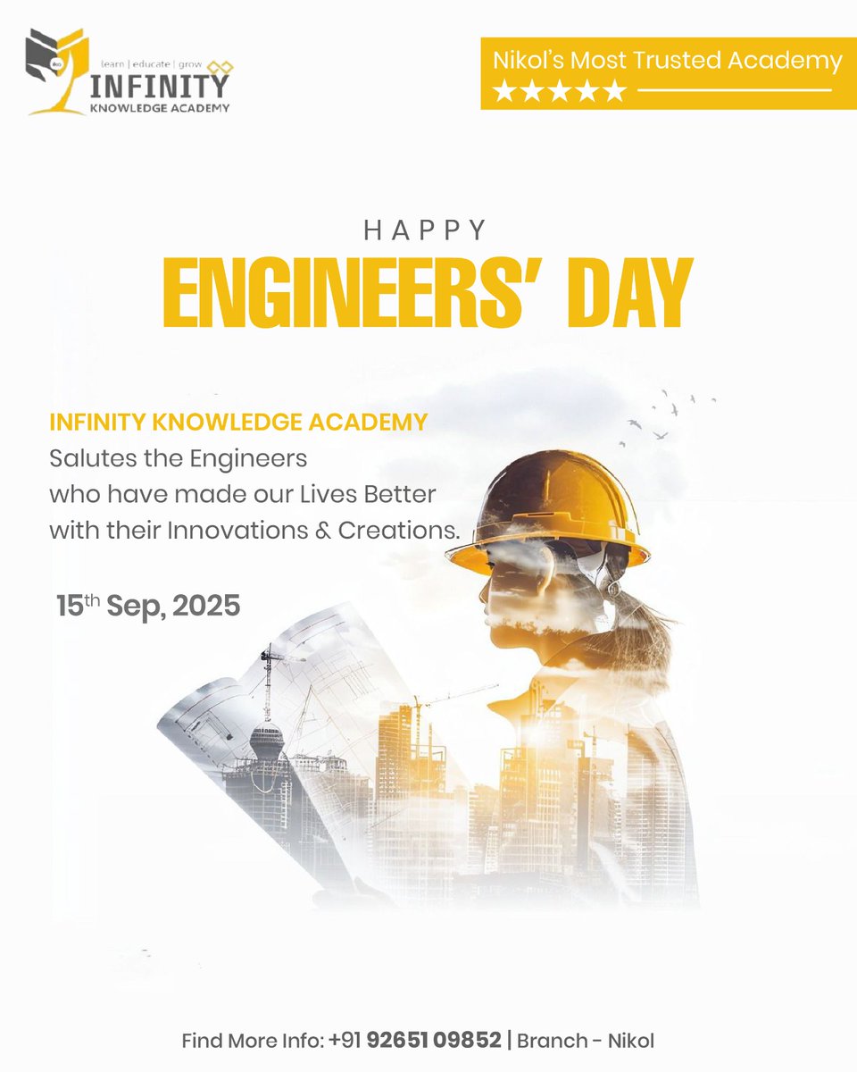 ikaeduacademy's tweet image. Shaping the world with ideas, designs &amp;amp; innovations. 💡🛠️
Happy Engineers’ Day to the real creators of tomorrow!

📞 +91 92651 09852
📍 Nikol, Ahmedabad
🌐 ikaedu.co.in

#EngineersDay #EngineeringExcellence #InfinityKnowledgeAcademy #Innovation #FutureMakers #Engineer
