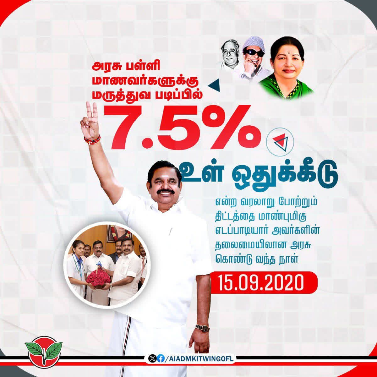 Kirubanand50029's tweet photo. ஏழை எளிய  மாணவர்களின் மருத்துவ கனவுகளை நனவாக்கும் வண்ணம், அரசு பள்ளி மாணவர்களுக்கு மருத்துவ படிப்பில் 7.5% உள் ஒதுக்கீடு என்ற வரலாறு போற்றும் திட்டத்தை மாண்புமிகு எடப்பாடியார் அவர்களின் தலைமையிலான அம்மாவின் அரசு கொண்டு மருத்துவக் கல்வியில் புரட்சி ஏற்படுத்திய நாள்!

#ADMK_KLK https://t.co/5se4Ep9k83