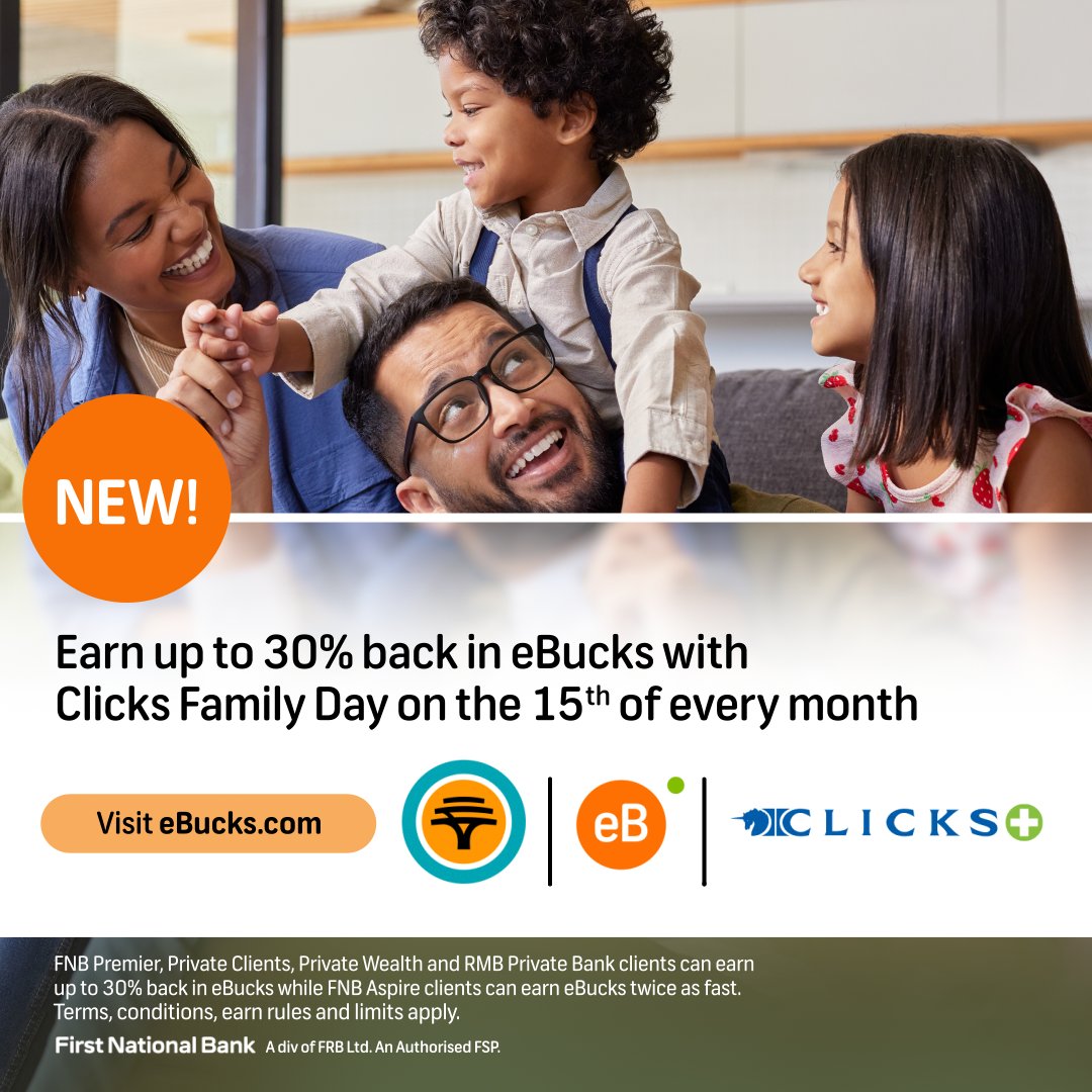 Clicks_SA's tweet image. The 15th = Clicks Family Day 🎯 

This is your sign to shop smart. Get double eBucks just for shopping at Clicks with your FNB family profiles linked. 

Don’t miss it – shop today and double up! -&amp;gt; bit.ly/46SNDPv

#Clicks #ClicksLoyalty #FNB #EarnDouble