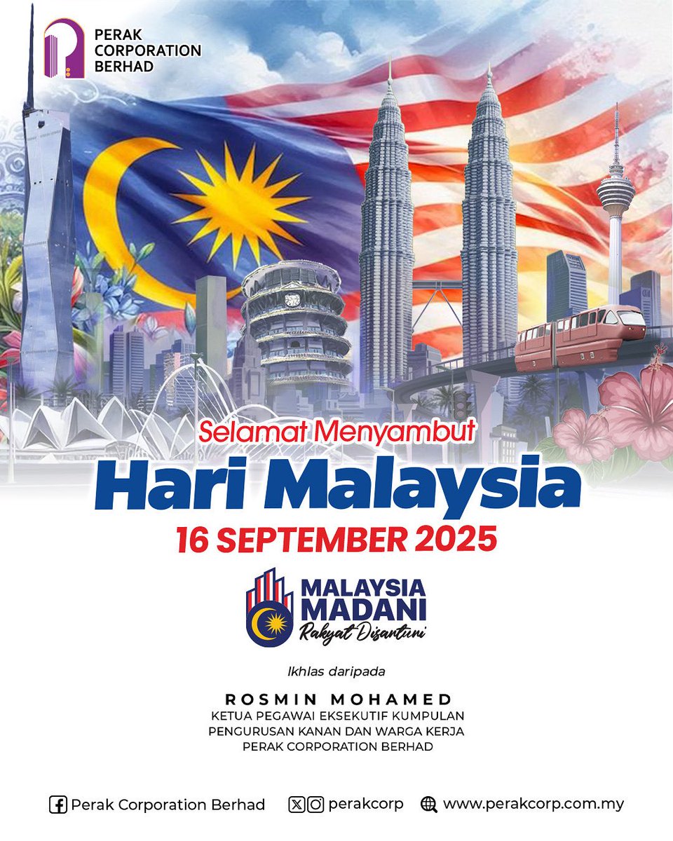 perakcorp's tweet photo. Selamat Hari Malaysia! Semoga semangat perpaduan dan keharmonian yang mengikat kita terus mekar.

 Marilah kita kekal bersatu, meraikan kepelbagaian yang menjadi nadi kekuatan Malaysia.

Bersama-sama, kita pertahankan cinta dan kebanggaan kita terhadap tanah air tercinta ini. https://t.co/bOcYjkkmaV