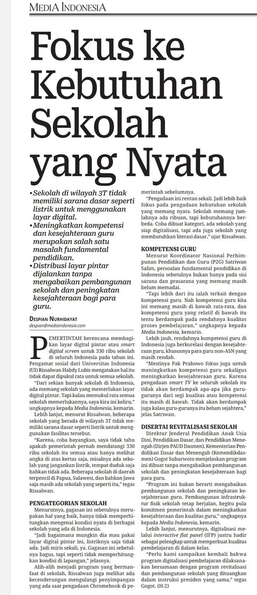 Beberapa catatan Koordinator Nasional P2G <a href="/Satriwan_Salim/">Satriwan Salim (St. Pangulu Rajo)</a>  di Media Indonesia, 15/9/2025.