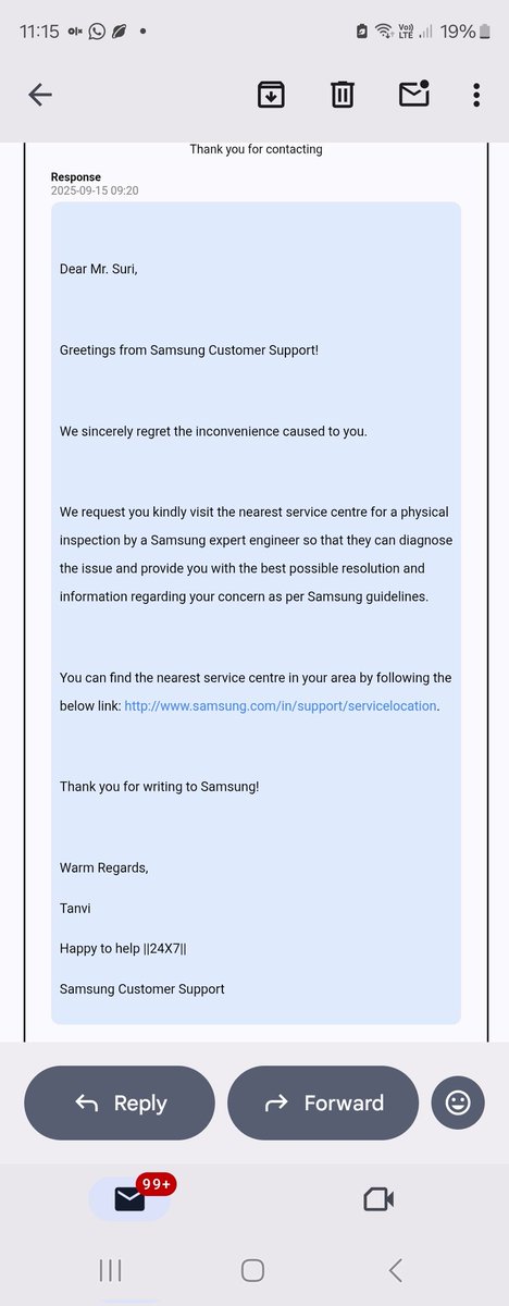 suriaditya07's tweet photo. @SamsungIndia Such vague replies they are sending even when I have already visit. https://t.co/cycUON0jkR