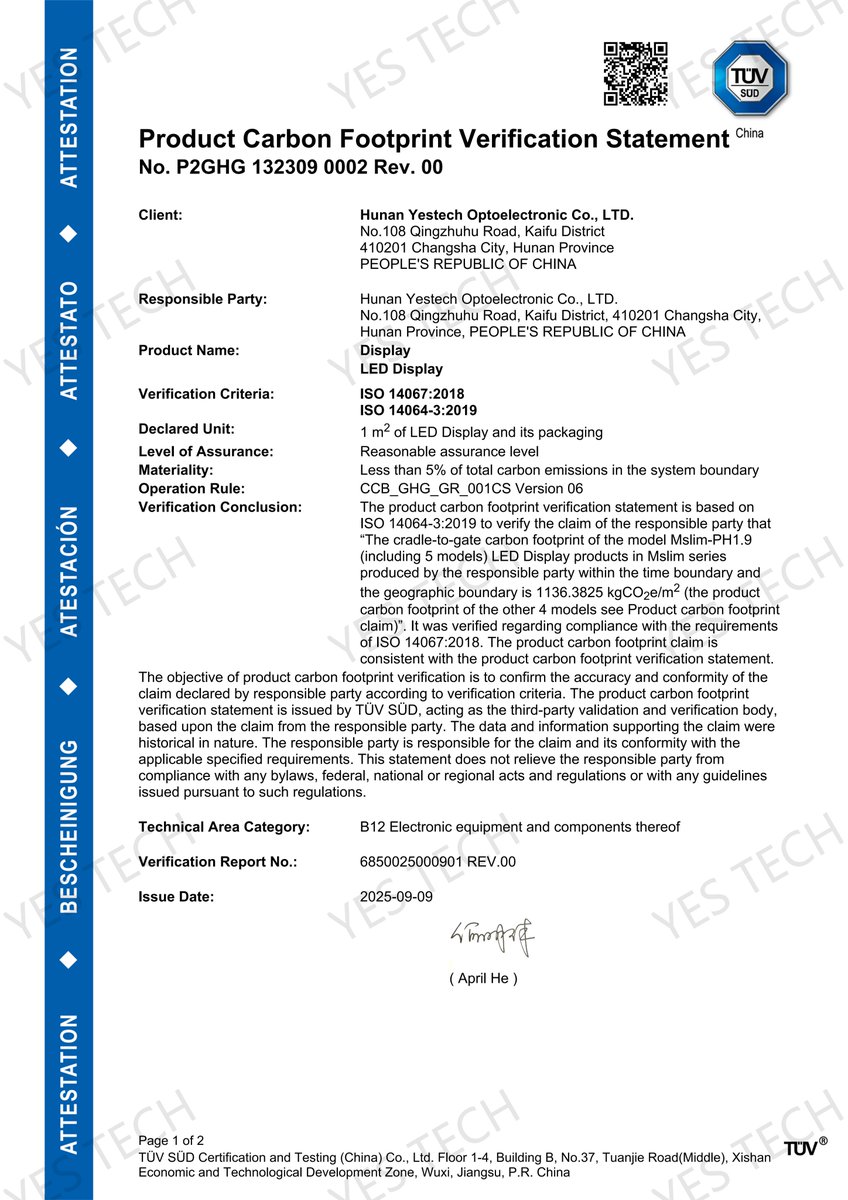 YESTECH_LED's tweet image. 𝐆𝐫𝐞𝐞𝐧 𝐦𝐢𝐥𝐞𝐬𝐭𝐨𝐧𝐞 𝐚𝐜𝐡𝐢𝐞𝐯𝐞𝐝!
YES TECH&apos;s ES series and Mslim series LED displays have officially received TÜV SÜD Product Carbon Footprint Verification - issued by one of the most authoritative verification bodies worldwide.

#YESTECH #carbonfootprint #TÜVSÜD
