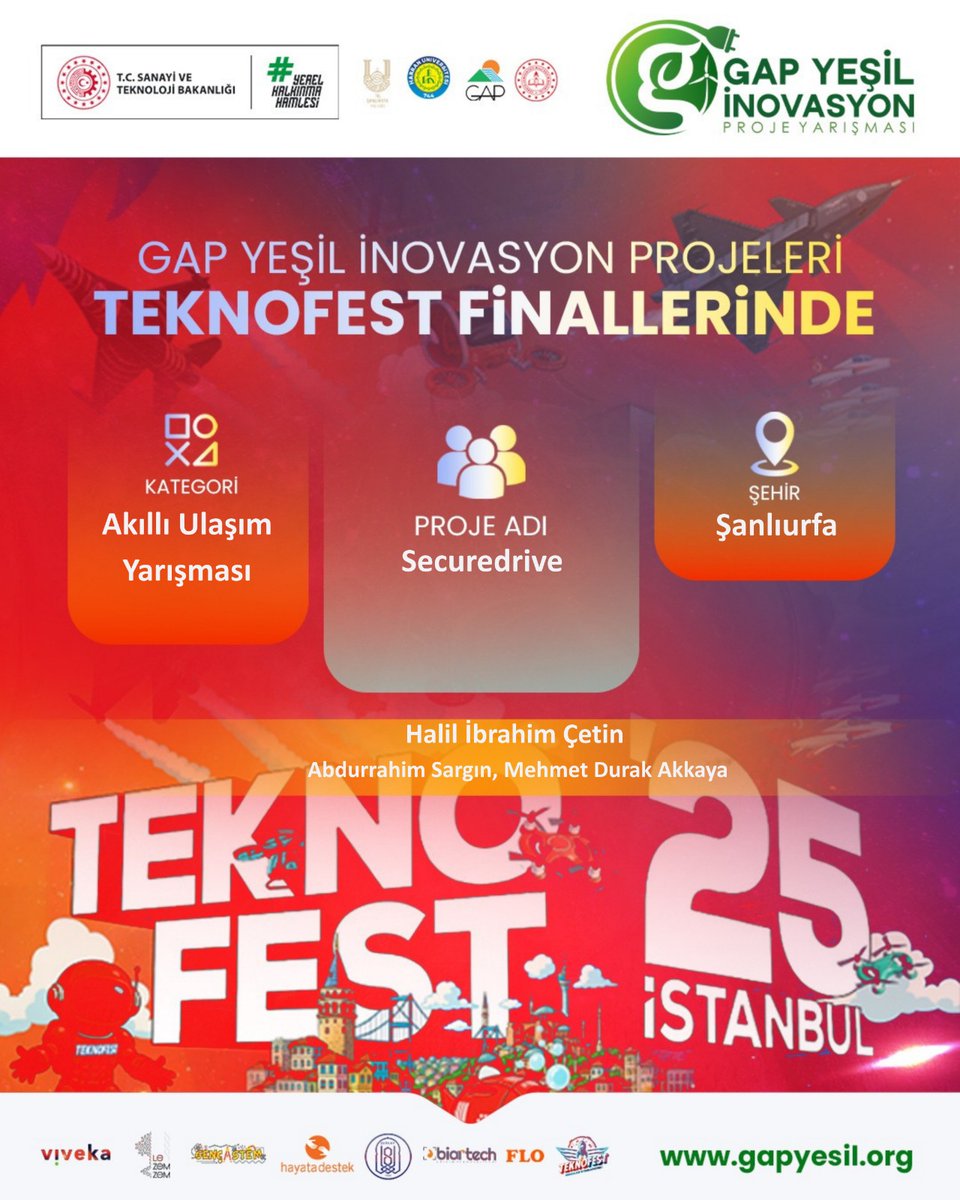 GAP Yeşil İnovasyon Projeleri, TEKNOFEST 2025 finallerinde parlamaya devam ediyor! 🚀

GAP Yeşil İnovasyon Proje Yarışması kapsamında, proje ekibimizin "Akıllı Ulaşım Yarışması" kategorisinde geliştirdiği yenilikçi proje finale yükseldi