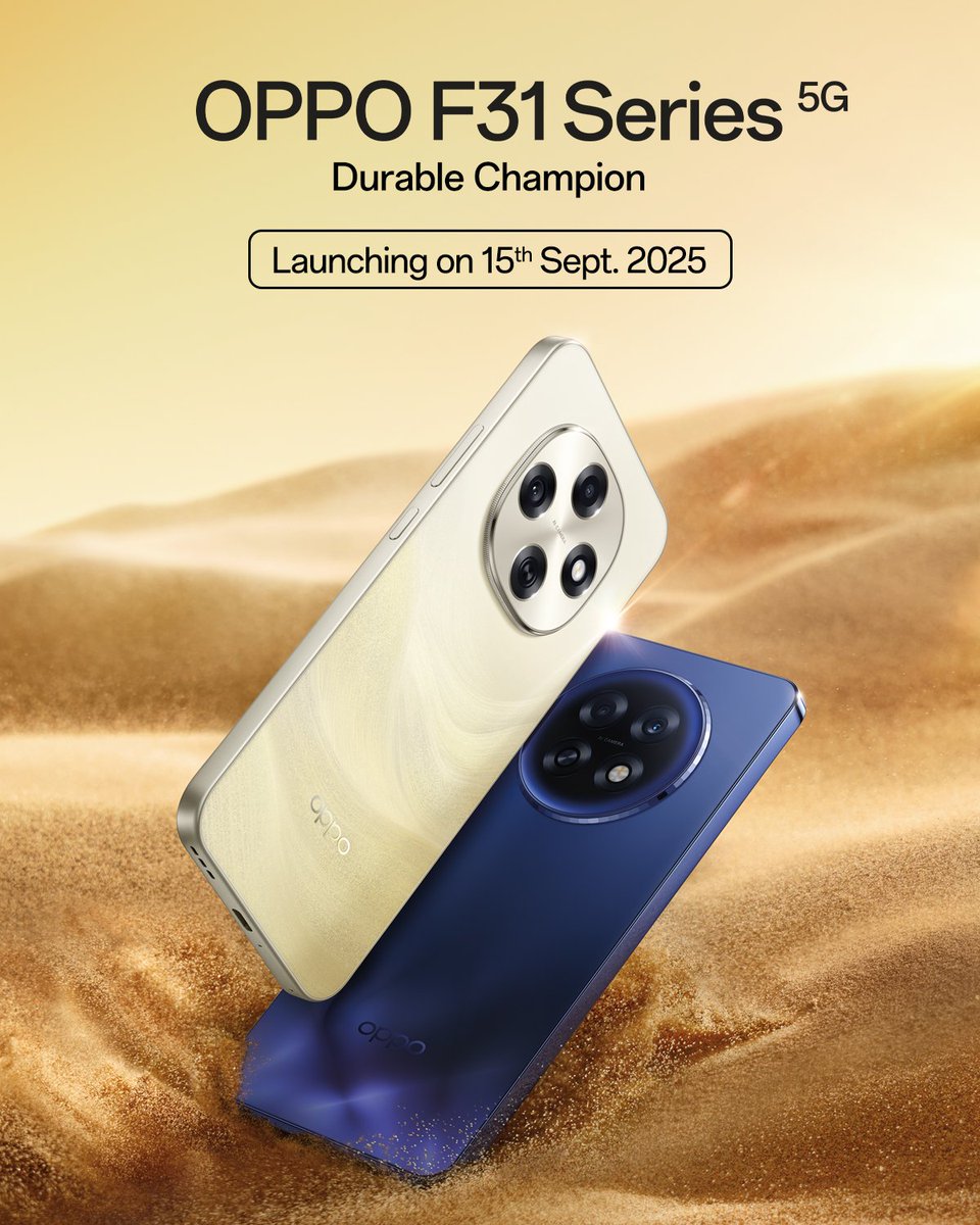techlaunches's tweet image. The wait is over!

The all-new #OPPOF31 series is launching today at 12 PM IST. Get ready for a &quot;Durable Champion&quot; with a massive 7,000mAh battery, triple IP ratings for water and dust resistance, and 80W SUPERVOOC charging.

Stay tuned for all the official details! #OPPOIndia