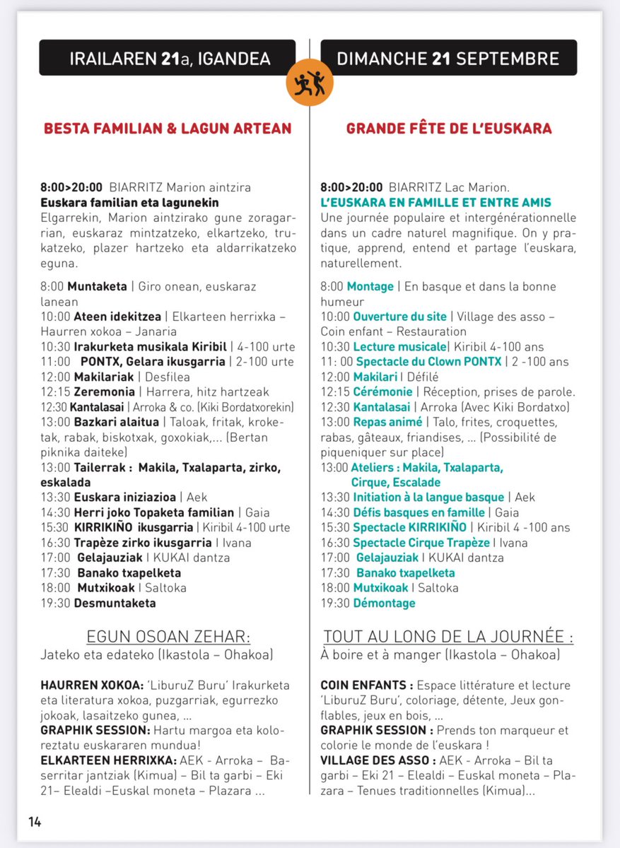 “Mintzalasai 2025”
Baiona-Biarritzen irailaren 15etik 21era.
Aste osoan zehar ekintza interesgarriak eta igandean, Marion aintziraren inguruan, besta familia osoarentzat.
Argazkietan, larunbat arratsaldeko eta igandeko egitarauak.
👉🏼 Egitarau osoa:
mintzalasai.eus/lib/pdf/--egit…