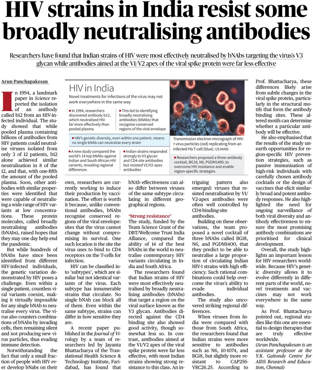 India_Alliance's tweet image. #IntheNews

The Hindu features work by India Alliance Team Science Grantee Prof. Jayanta Bhattacharya (THSTI).

His team’s study highlights regional differences in HIV strains and proposes a tailored antibody cocktail for Indian variants.

Read more: tinyurl.com/mr45r63y
