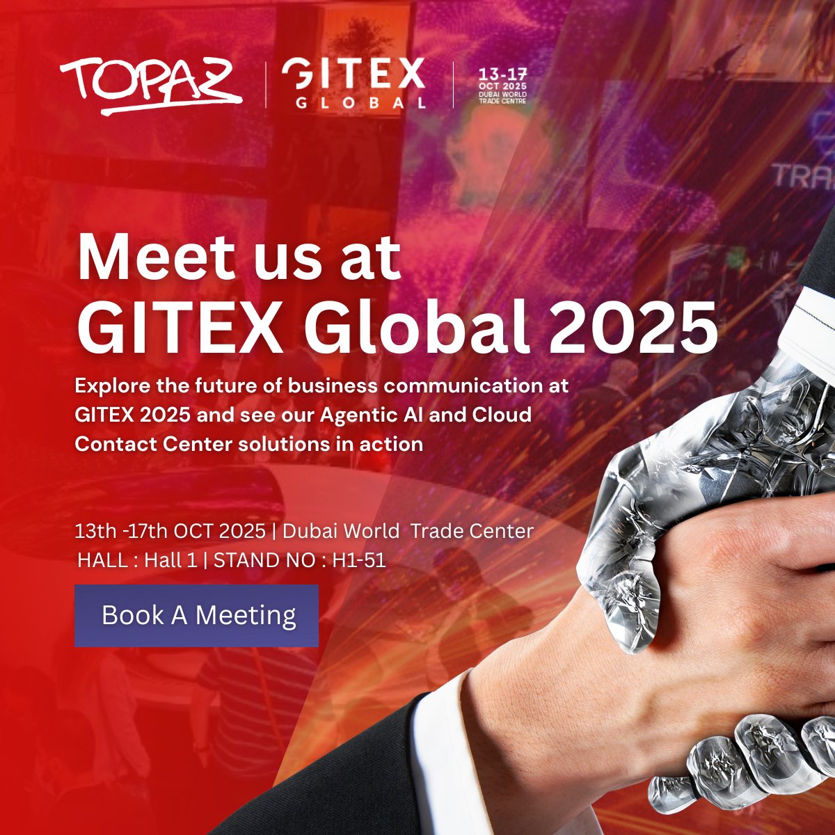 Future of business communication? Meet us at GITEX Global!

Explore our Agentic AI &amp; Cloud Contact Center solutions. Hall 1, Stand H1-51.
Book your meeting now!
topaztel.com/gitex-2025/?ut…

 #GITEXGlobal2025 #AI #Dubai #topaz #topazfze