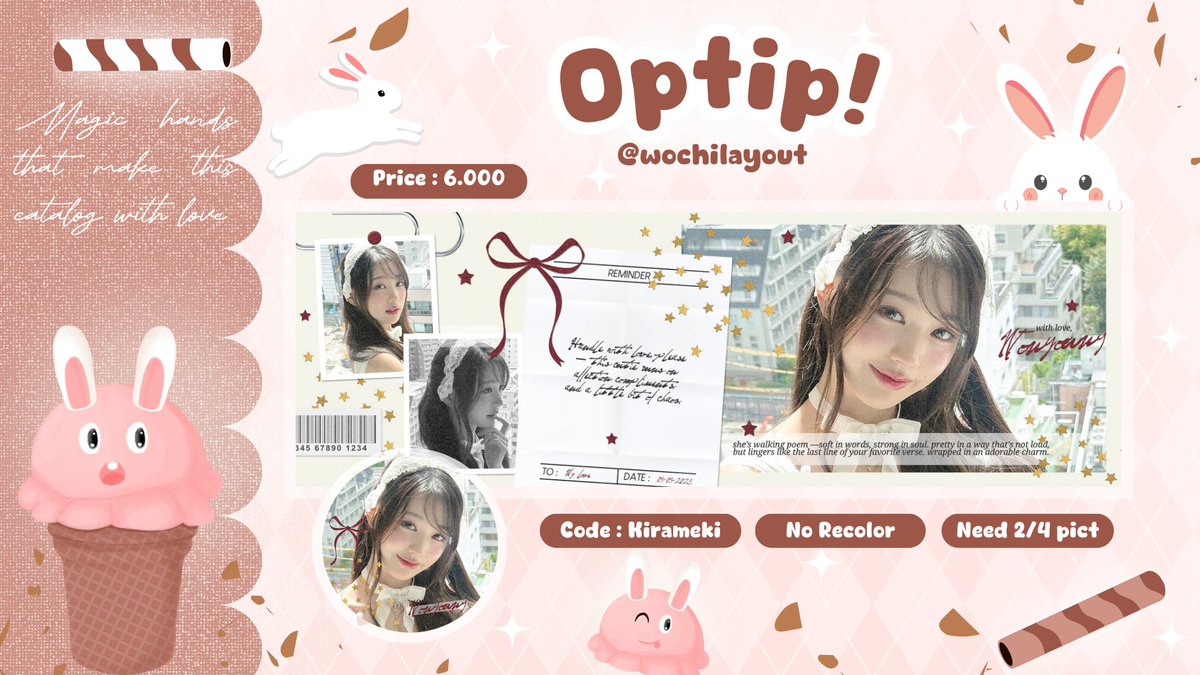 Help RT or repost yah guyss, makasi 💗 #zonauang

Halooo, aku open titip optip layout katalog "Kirameki" dengan harga spesial 6k aja!!

Langsung reply foto terbaik kalian di tweet ini &amp; jangan lupa cek ALT untuk tata caranya 🫶

Note: form retext ada di reply ya, copas aja!
