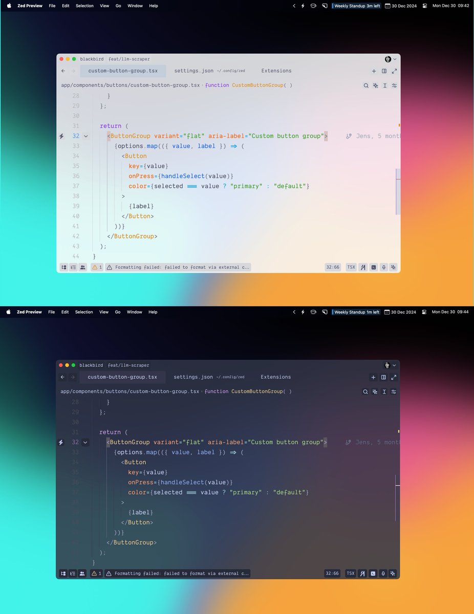 这款主题瞬间提升了 Zed 的视觉档次，简直太爱了😍。
Zed Catppuccin Blur 是专为 Zed 代码编辑器设计的视觉增强主题扩展，基于备受欢迎的 Catppuccin 主题精心改良，融合了模糊透明效果与多项自定义视觉优化选项。
github.com/jenslys/zed-ca…