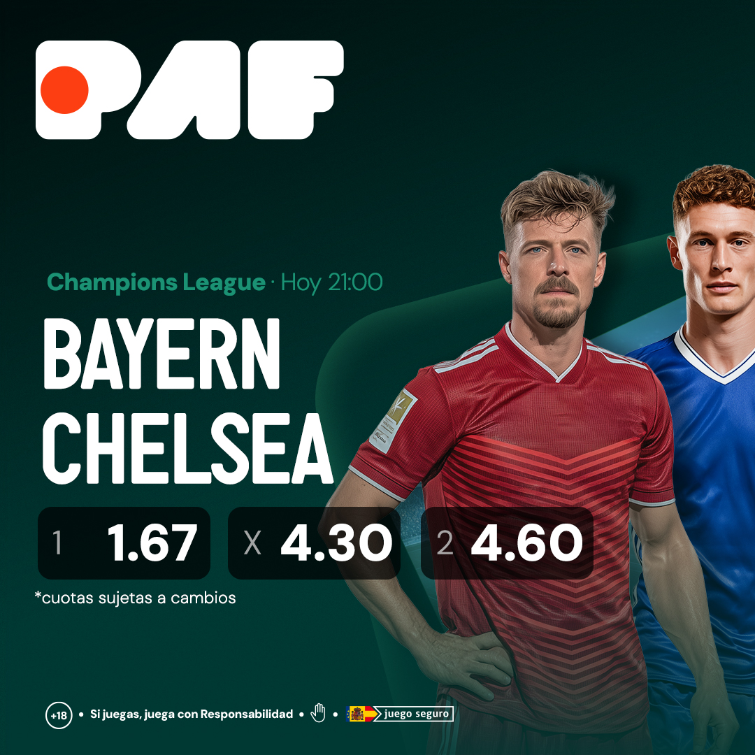 La #ChampionsLeague en #Paf

Partidazo en el Allianz Arena.

Hoy 21:00
Bayern Munich - Chelsea FC

Cuotas:
🔗paf.es/apuestas#/even…

+18 #Apuestas #JuegoResponsable