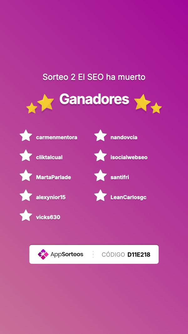 Disculpad el retraso, el inicio de septiembre ha sido de locos. 

Acabo de realizar el segundo sorteo con los premios restantes y ya tenemos ganadores :)

app-sorteos.com/w/D11E218

1. <a href="/carmenmentora/">Carmen de Marketinarium.</a> => 10% de saldo extra en <a href="/aitorruiz93/">Aitor Ruiz 🇦🇩 | CEO de Getalink.com</a> (cc <a href="/aitorruiz93/">Aitor Ruiz 🇦🇩 | CEO de Getalink.com</a> )

2. <a href="/nandovcia/">Nandoseo 👽</a> => 10% de