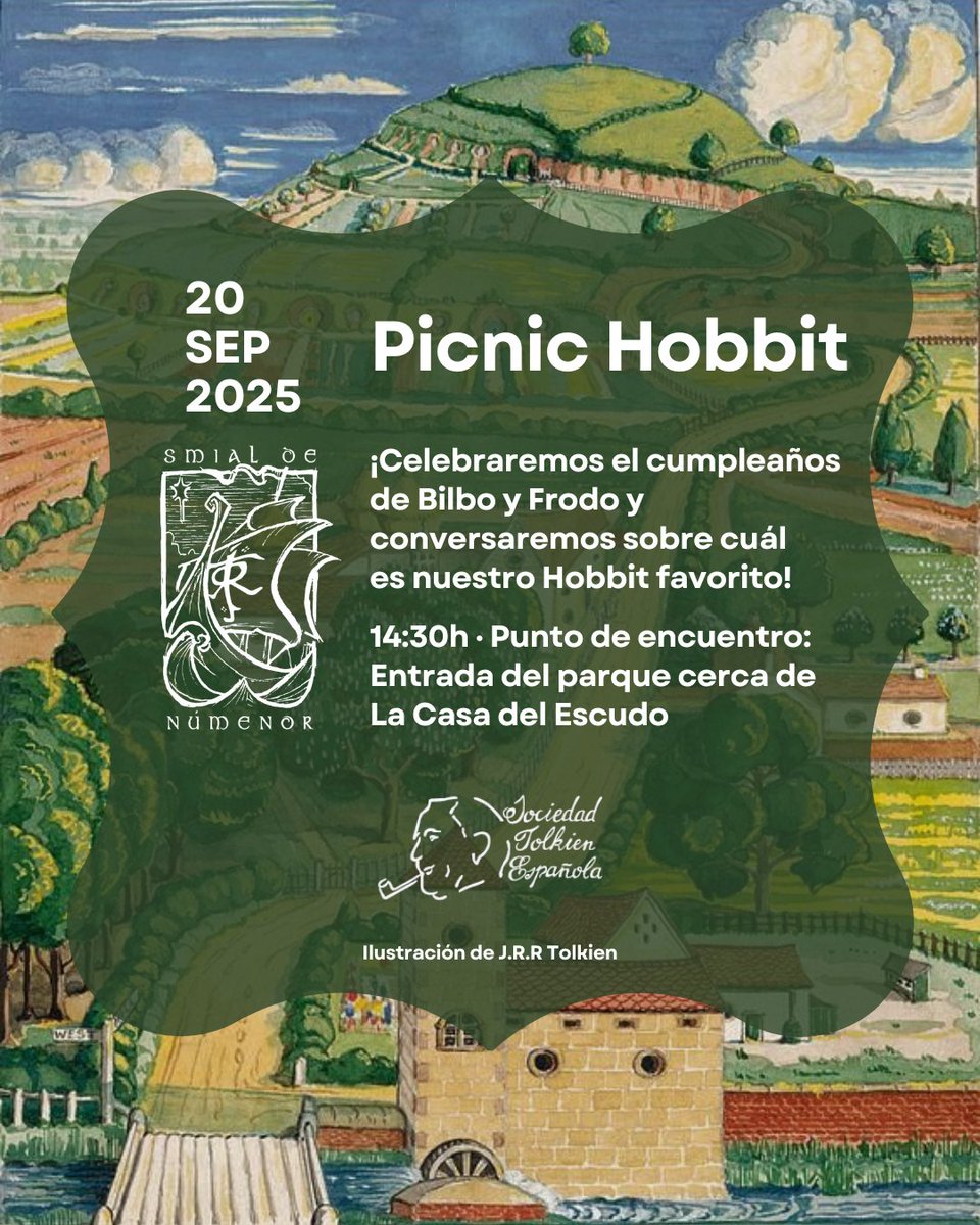 Picnic Hobbit 🌳🍞🍽️

⌚ Sábado 20 a las 14:30h
📍 Dehesa de la villa

¡Trae tu comida y únete a nuestra celebración del cumple de Bilbo y Frodo!

#smialste #tolkien #hobbit #picnic