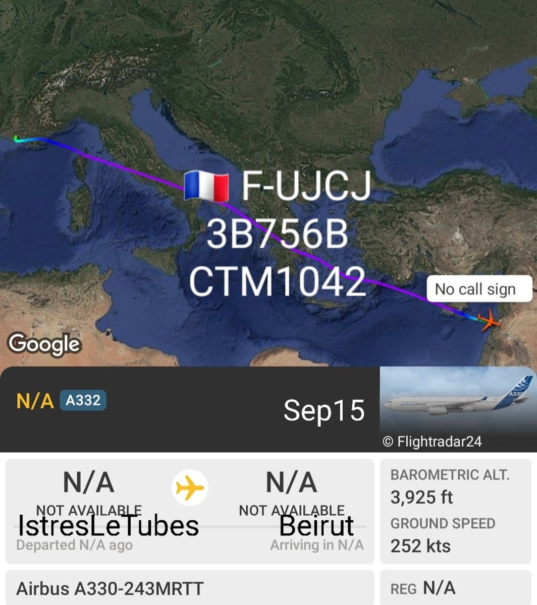 LebanonJets's tweet photo. #France AirForce A330MRTT #FUJCJ #3B756B as #CTM1042 ID hidden from public tracking, used to be public into Beirut from IstresLeTubes AirBase. As of Aug there are 747 French troops in Lebanon for #UNIFIL @CotamFleet https://t.co/STE2a92zUZ