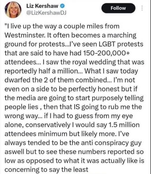 BasilTheGreat's tweet photo. 🚨NEWS: BBC Present Liz Kershaw says Tommy Robinson's UTK rally was at least 1.5 million people https://t.co/xJwi0LCqqW