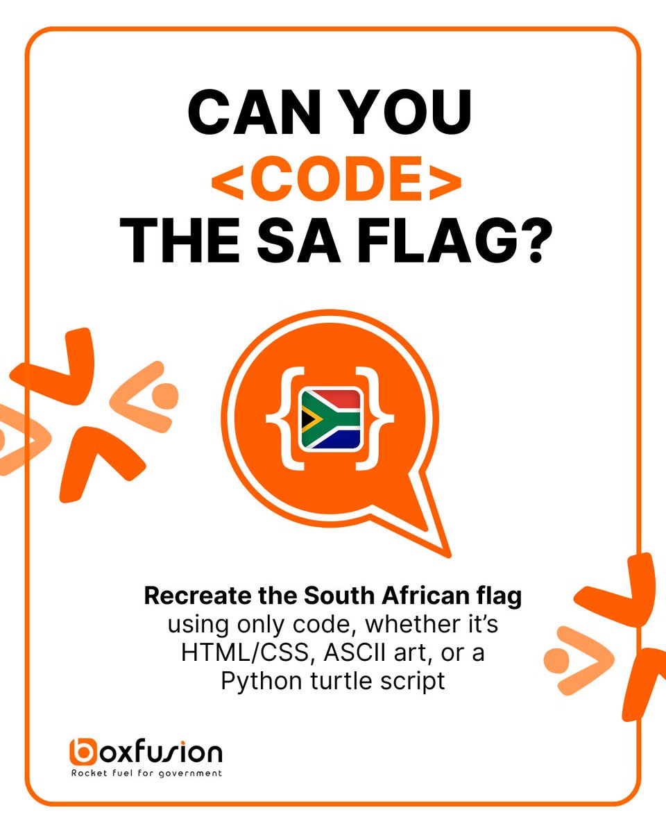 boxfusion_sa's tweet image. Join us for #CodingWeek! Show off your coding skills creatively and celebrate national pride. Tag us with #CodeTheFlag and #CodingWeekChallenge. Let’s see who can fly the code flag highest!
#NationalCodingWeek #BuildWithBoxfusion #CodeForChange #GraduateOpportunities