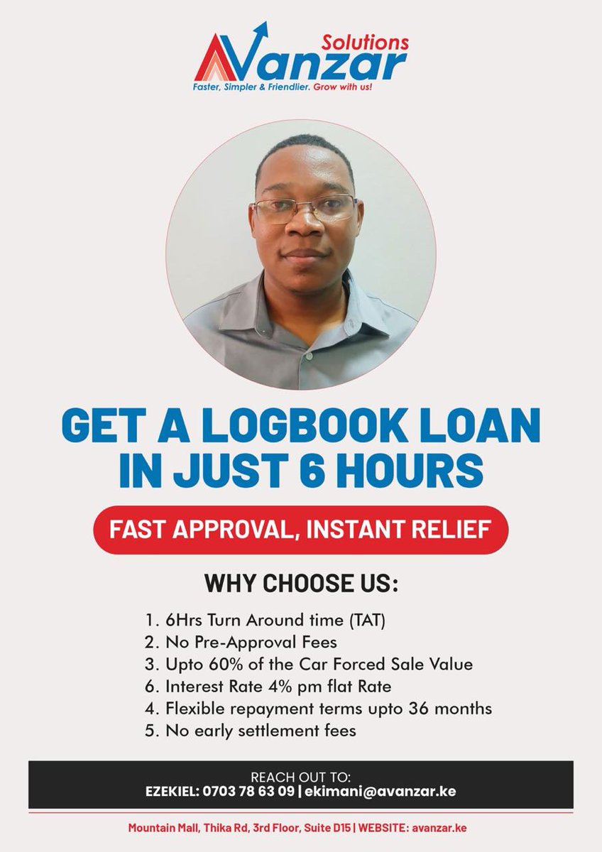 Kenyan_Coco's tweet photo. Turn your car into cash flow with Avanzar Solutions' Logbook Financing! Get funds fast without selling your ride β flexible up to 36 months to repay.
Contact us: 0724 38 38 38 | info@avanzar.ke | Mountain Mall, Thika Road, 3rd Floor, Suite D15
#LogbookFinancing ππΈ https://t.co/QgBDtE1GlY