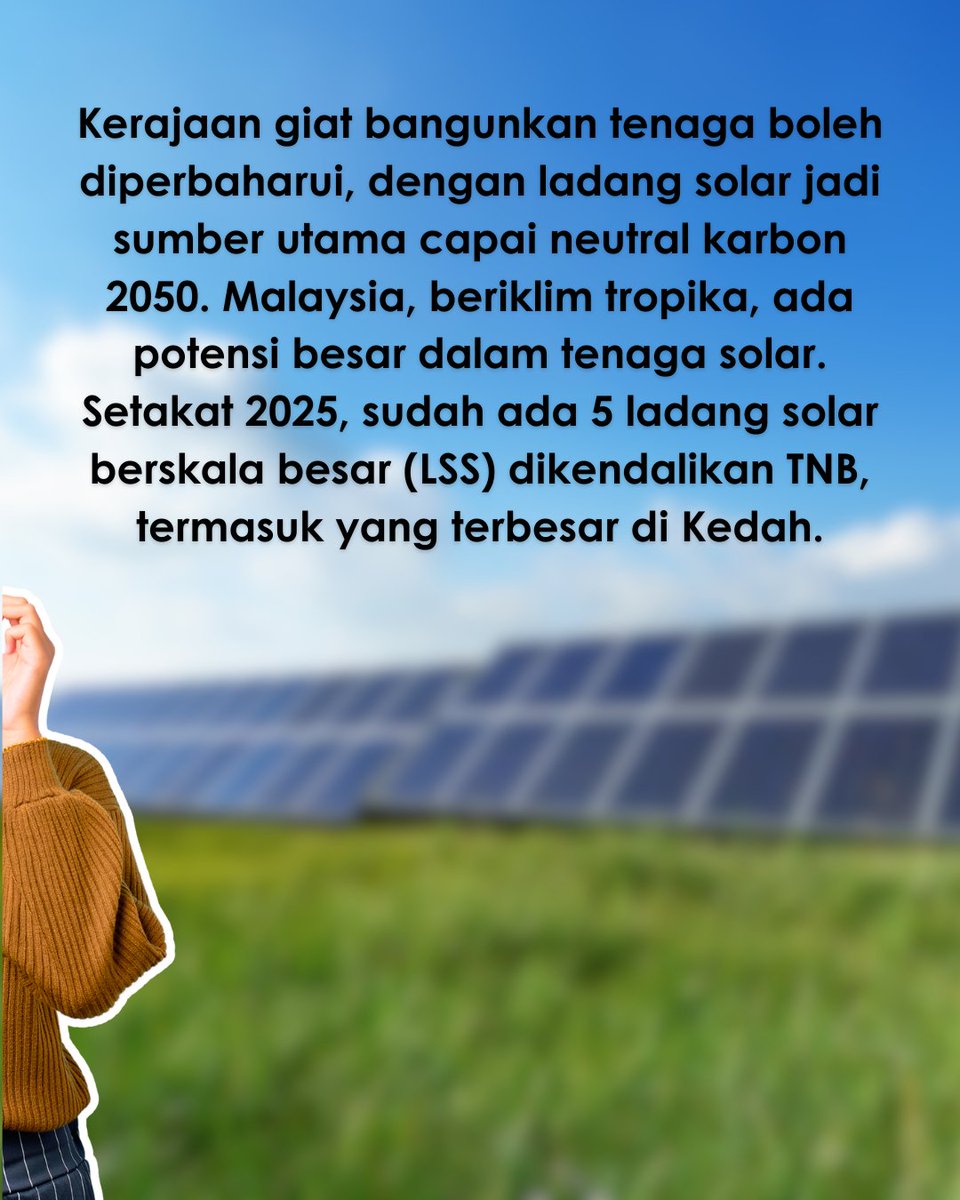 officialwisermy's tweet photo. Malaysia kini semakin rancak membangunkan ladang solar berskala besar bagi mencapai sasaran neutral karbon menjelang 2050.

Di Kedah, TNB Bukit Selambau Solar 1 & 2 menjadi antara projek terbesar yang membekalkan tenaga hijau ke grid nasional, cukup untuk memenuhi keperluan puluhan ribu rumah setiap hari.  

Artikel penuh - https://t.co/fCqDiowN0b