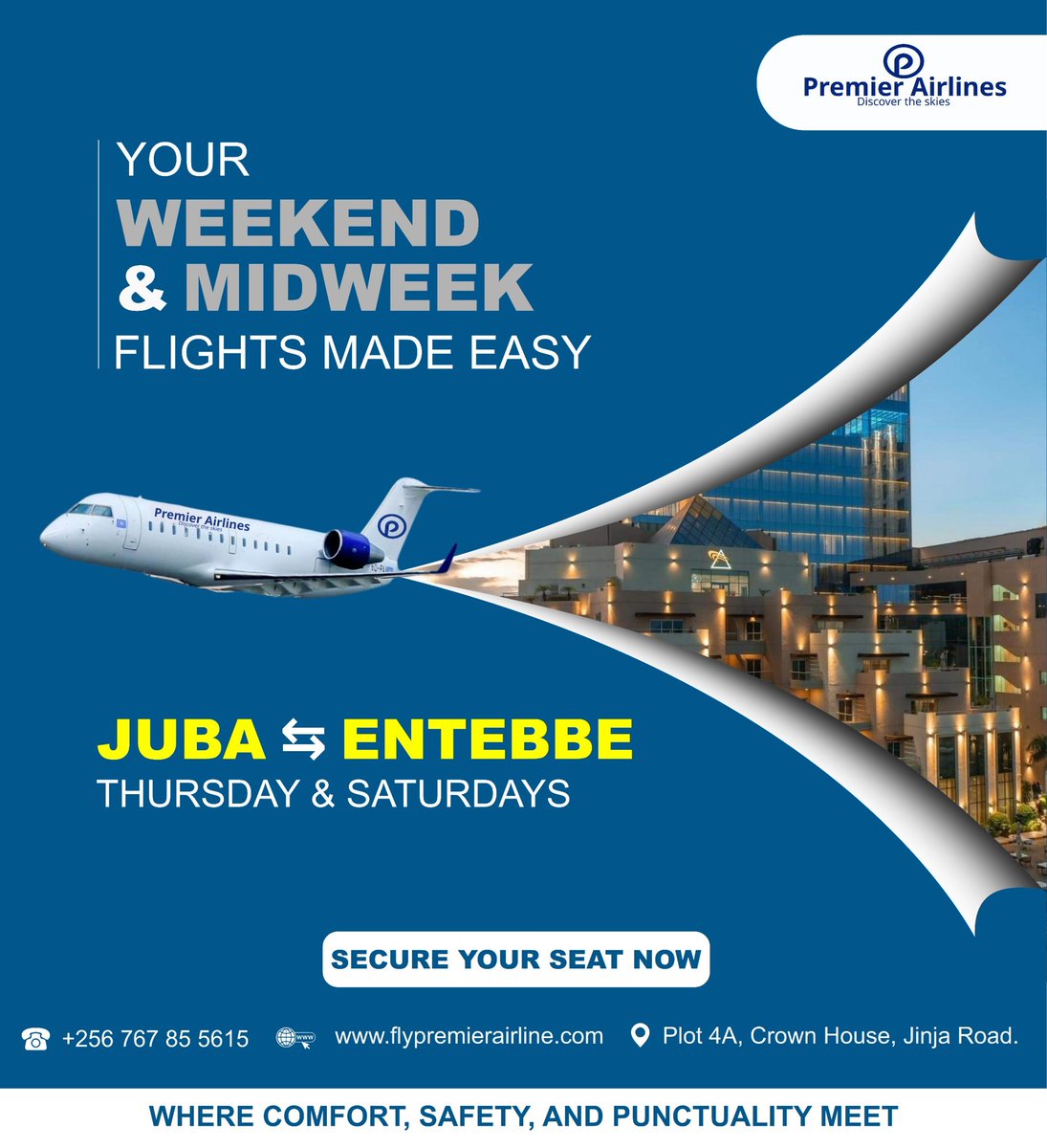 ✨ New week, new travel plans! ✨
Fly Juba ⇆ Entebbe with us every Thursday &amp; Saturday. Reliable, comfortable, and right on time.
📅 Book early this week and travel stress-free!
👉 flypremierairlines.com

#FlyPremierAirline #DiscoverTheSkies