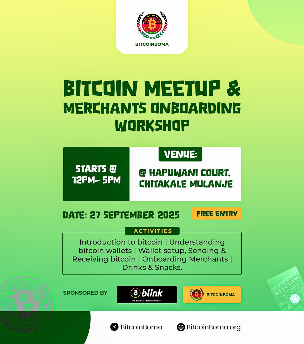 🚀✨ Bitcoin Meetup &amp; Merchant Onboarding – Mulanje Edition ✨🚀

📍 Venue: Hapuwani Court, Chitakale, Mulanje 🏨
📅 Date: 27th September 2025 📆
⏰ Time: 12:00 PM – 5:00 PM ⌚

🔥 Join us for an exciting afternoon as we bring the Bitcoin community together in Mulanje! 🌍⚡