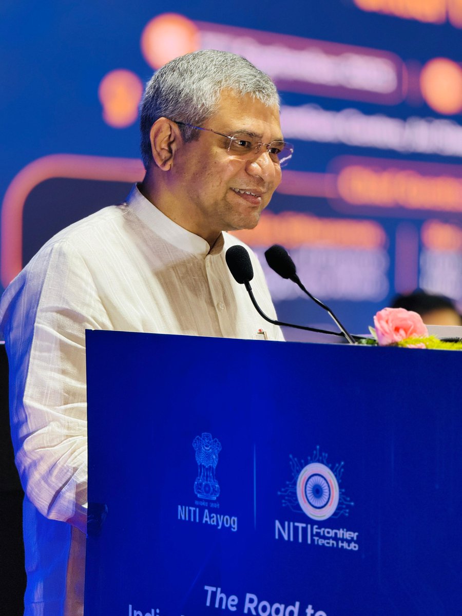 NITIAayog's tweet photo. 📢 LIVE | “The biggest change today is the confidence instilled in our youth that we can dream of Viksit Bharat. Growth today is robust, inclusive and driven by technology.” – Shri Ashwini Vaishnaw, Minister of Electronics & IT

NITI Aayog launches two flagship initiatives under the Frontier Tech Hub to power India’s journey towards #ViksitBharat2047:
1️⃣ AI for Viksit Bharat Roadmap
2️⃣ Frontier Tech Repository

Join the live stream here: https://t.co/lkiOTFdwtX

#PMOIndia #NITIAayog #AIforViksitBharat #FrontierTech #Innovation #DigitalIndia #Tech4Growth #ViksitBharat2047