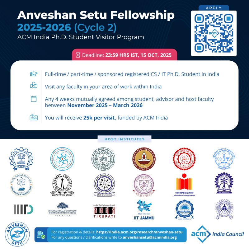 Indiaacm's tweet image. 🚀 Cycle 2 of the 4th Edition of #AnveshanSetu is LIVE! 🎉

🌟 4-week research stay with a faculty of your choice
🌟 Immersive research experience
🌟 Fully funded by ACM India
👉 Apply now: india.acm.org/research/anves…
#PhDStudents #ComputingResearch #ResearchOpportunity