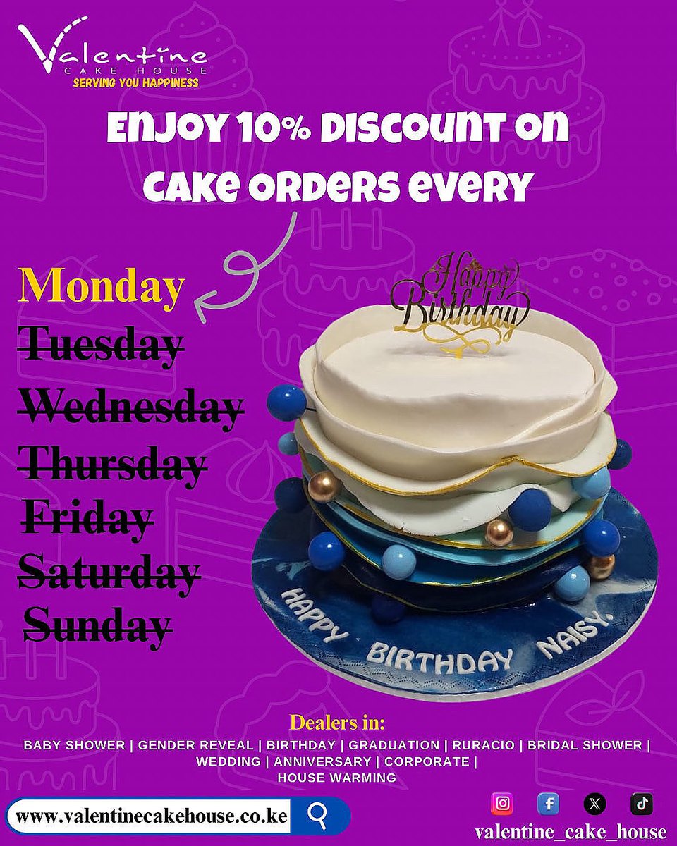 Monday blues? Nah, we turned them into Monday chews 😋✨

Slide in today &amp; enjoy 10% OFF because good vibes taste better with a discount

#valentinecakehouse #servingyouhappiness #monday #ᴍᴏɴᴅᴀʏᴍᴏᴏᴅ #offer