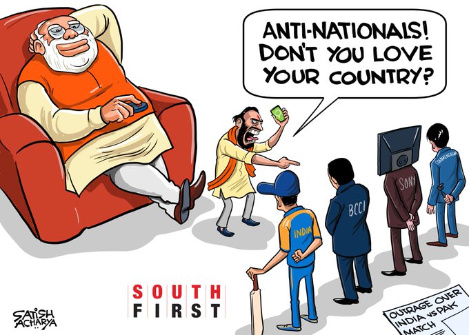 Narendra Modi sitting in a large red armchair, wearing an orange outfit, holding a remote control. A man in a yellow outfit points accusingly, holding money, with a speech bubble saying "ANTI-NATIONALS! DON\'T YOU LOVE YOUR COUNTRY?" Three figures stand behind: one in a blue India cricket jersey holding a bat, one in a blue BCCI jacket, and one in a suit with "SAB" on the back. A TV screen and papers labeled "OUTRAGE OVER PAK MARCH" are visible. The text "SOUTH FIRST" is at the bottom.