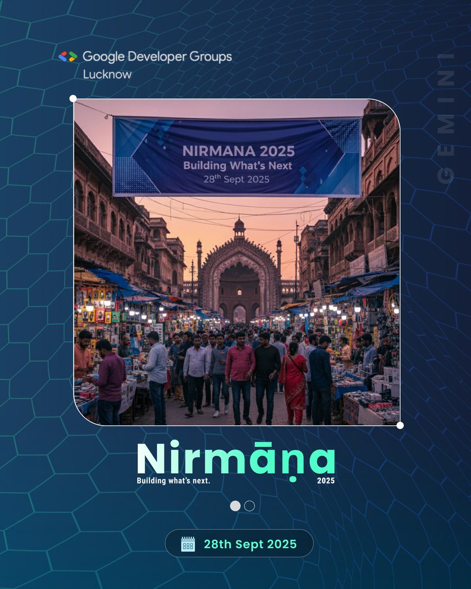gdglko's tweet photo. Glow-up alert ✨ Nirmāna 2025 just got a tech twist!
If nano-banana ruled the feed, wait till this takes over👀
Peep the new visuals!
Just a taste of the creativity and tech magic brewing for Sept 28th!
Which poster are you vibing with?
#gdglucknow #gemini #nanobanana #Nirmāṇa https://t.co/KNGQkWKvfC