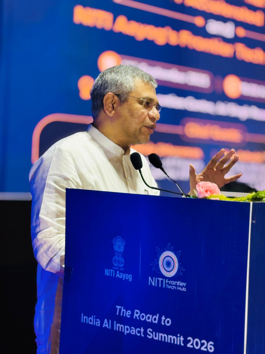 NITIAayog's tweet photo. 📢 LIVE | “AI has joined the constellation of technology. AI is going to fundamentally change the way we work and live.” – Shri Ashwini Vaishnaw, Minister of Electronics & IT

NITI Aayog launches two flagship initiatives under the Frontier Tech Hub to power India’s journey towards #ViksitBharat2047:
1️⃣ AI for Viksit Bharat Roadmap
2️⃣ Frontier Tech Repository

Join the live stream here: https://t.co/lkiOTFdwtX

#PMOIndia #NITIAayog #AIforViksitBharat #FrontierTech #Innovation #DigitalIndia #Tech4Growth #ViksitBharat2047